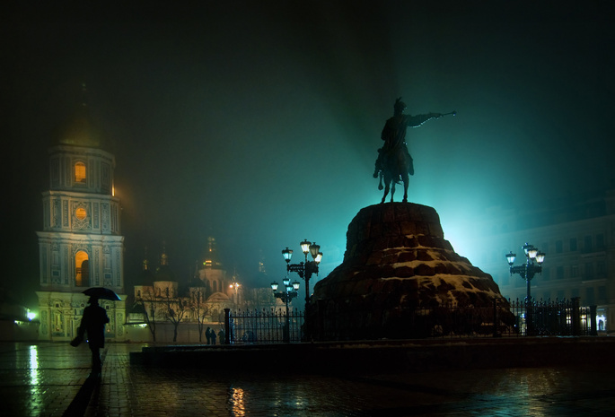 ночь, софийский, богдана хмельницкого, площадь, памятник, монастырь, киев, Украина, колокольня
