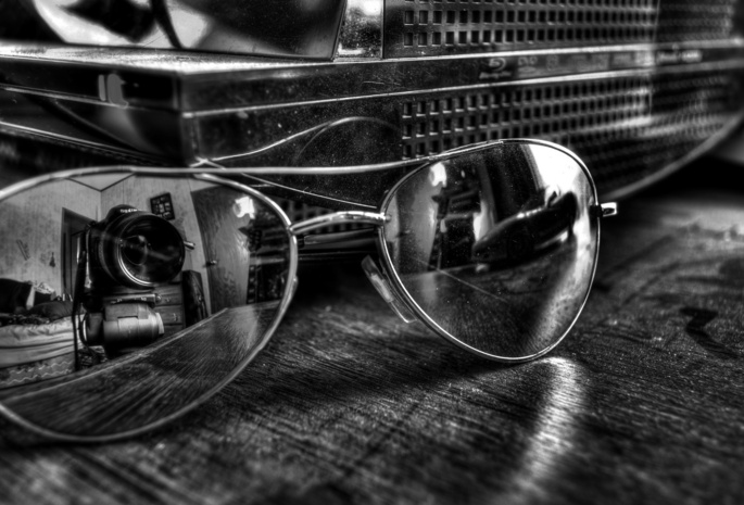 объектив, отражение, чёрнобелый, камера, Стол, очки