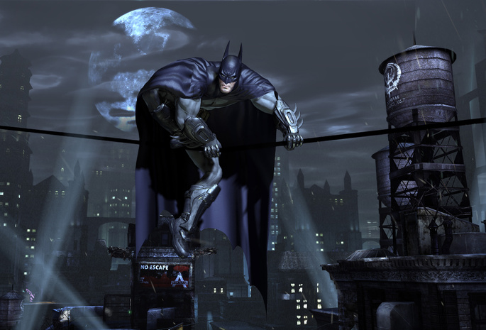 Batman, луна, огни, плащ, готем сити, ночь, маска, город, супергерой