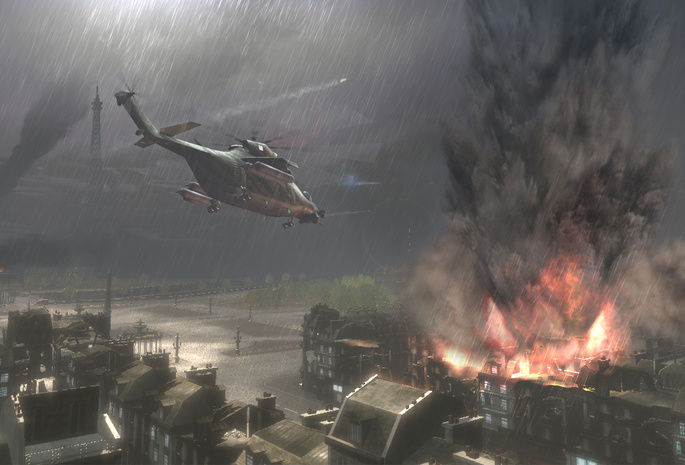 Вертолет, дождь, здания, взрывы