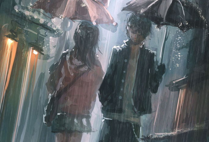 дождь, Аниме, мужчина, зонт