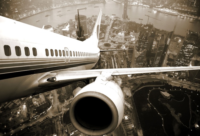 шанхай, крыло, город, Airplane, shanghai, twilight, самолёт, высота