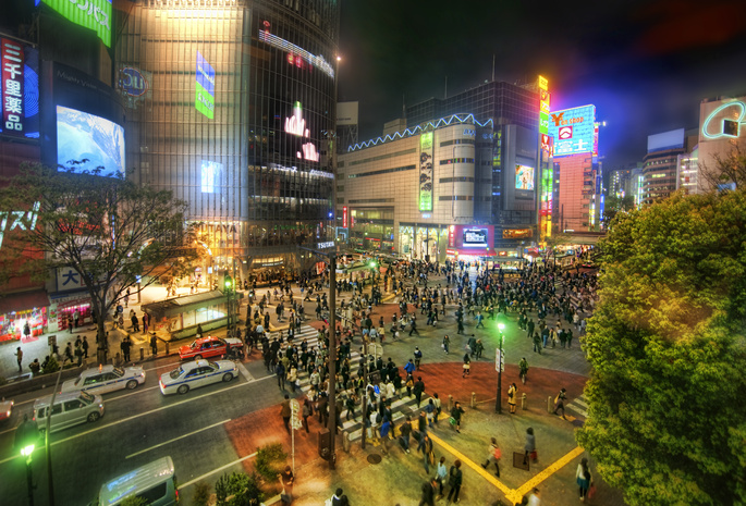 япония, дорога, огни, город, ночь, люди, Токио, машины