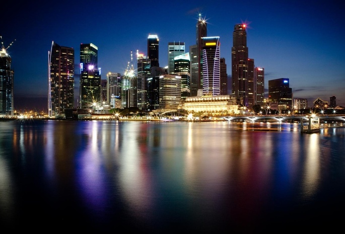 небоскребы, город, ночной, мегаполис, огни, Сингапур