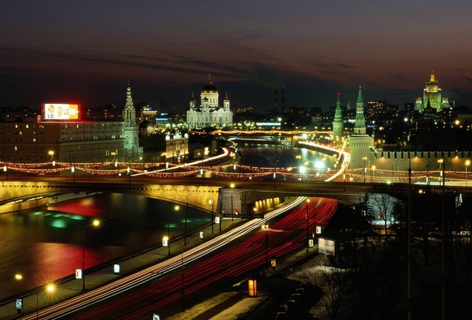 москва-река, храм, огни, ночь, Москва