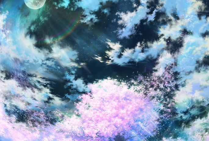 цветущая, луна, Cherry blossom, облака, сакура, перистые, night sky, ночь, небо