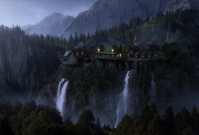 evening, waterfalls, The lord of the rings, rivendell, elven castle, fantasy, imladris, elven wood