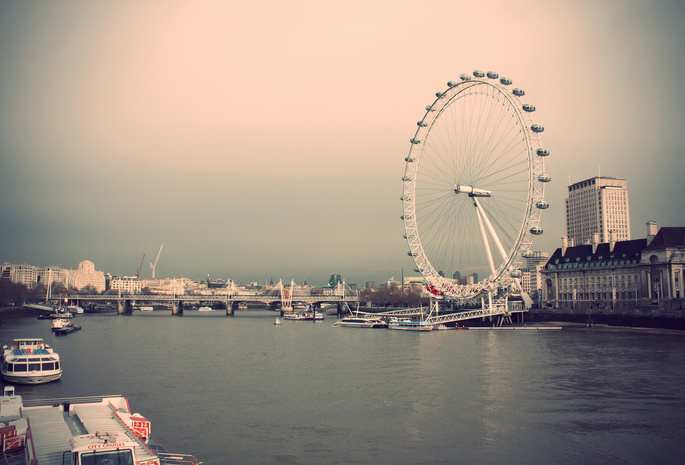 лондонский глаз, великобритания, Лондон, река, колесо обозрения, дома, город, здания, небо