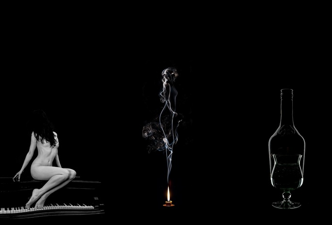 дым, рояль, свеча, девушка, фон, бокал, огонь, Черный