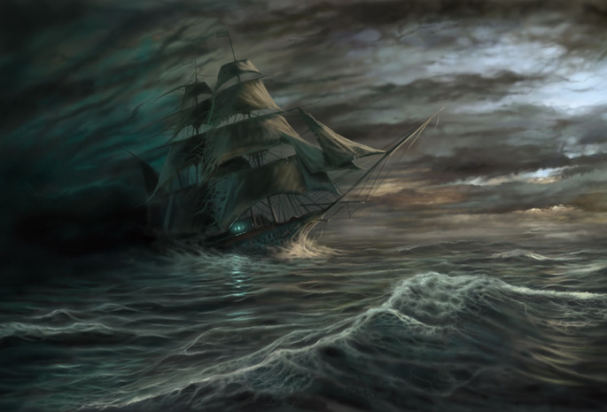 море, тучи, волны, шторм, Корабль, призрак