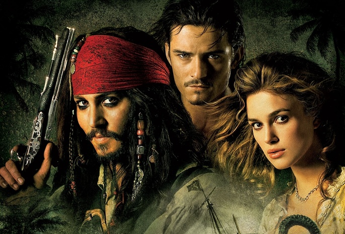 The pirates of the caribbean, the curse of the black pearl, johnny depp, orlando bloom