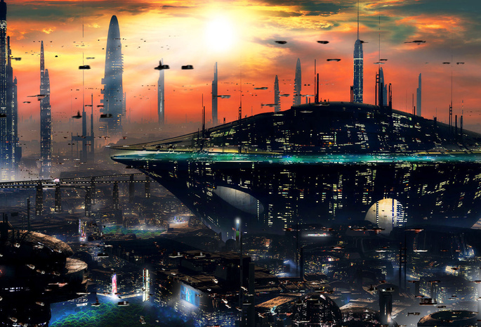 закат, Город, sci-fi, будущее, небоскребы