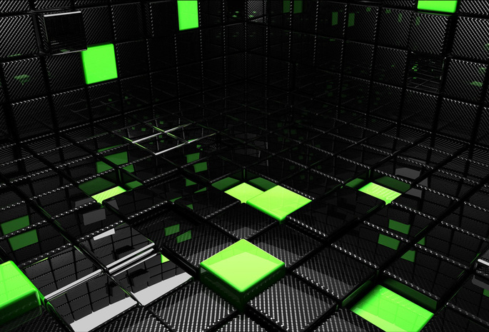 кубы, 3d, Кубики, зеленые, черные, квадраты