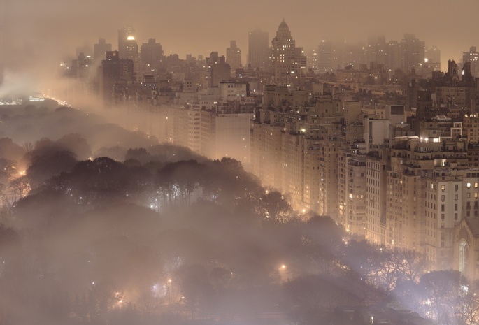 central park, центральный парк, здания, огни, город, туман, new york, ночь, пейзажи, нью-йорк, Города