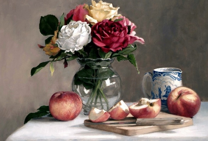 ваза с цветами, Картина, яблоки, натюрморт