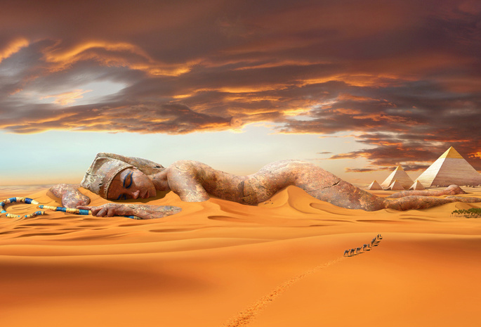 Пустыня, пирамиды, дюны, статуя, верблюды, песок, караван