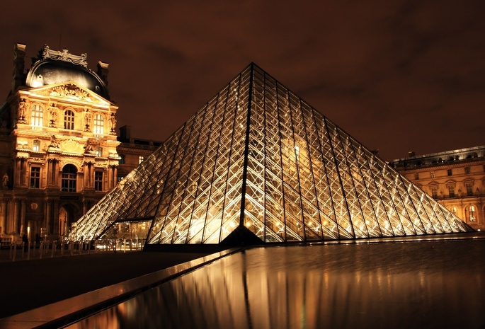 ночь, Париж, лувр, франция, музей