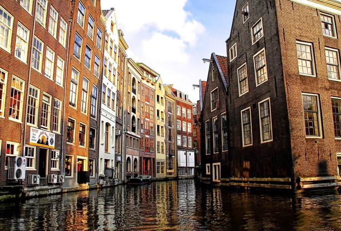 Амстердам, дома, венецианский канал, город, постройки
