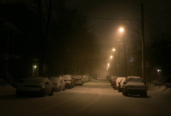 снег, машины, фонарь, Улица, зима