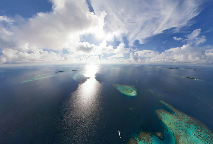 солнце, острова, горизонт, облака, океан, Мальдивы