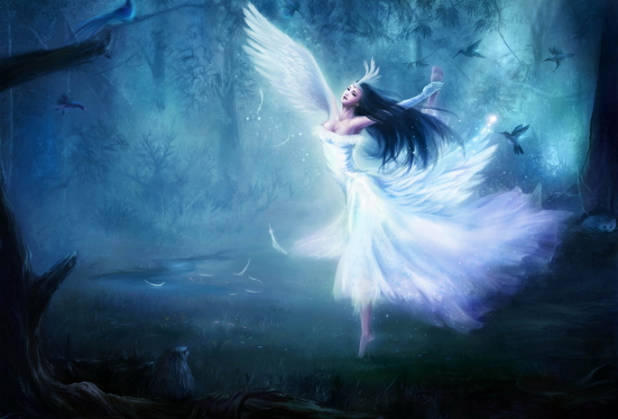 лес, крылья, танец, Девушка, птицы, ангел