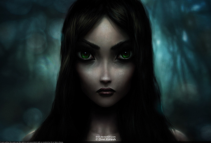 Alice, зеленые глаза, returns, взгляд, черные волосы, madness