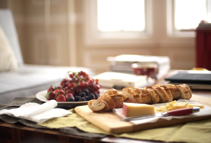 фрукты, сыр, Стол, утро, завтрак, французская булка