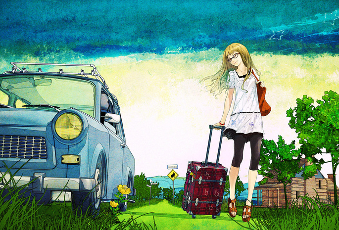 Blonde with suitcase, деревья, девушна, чемодан, лето