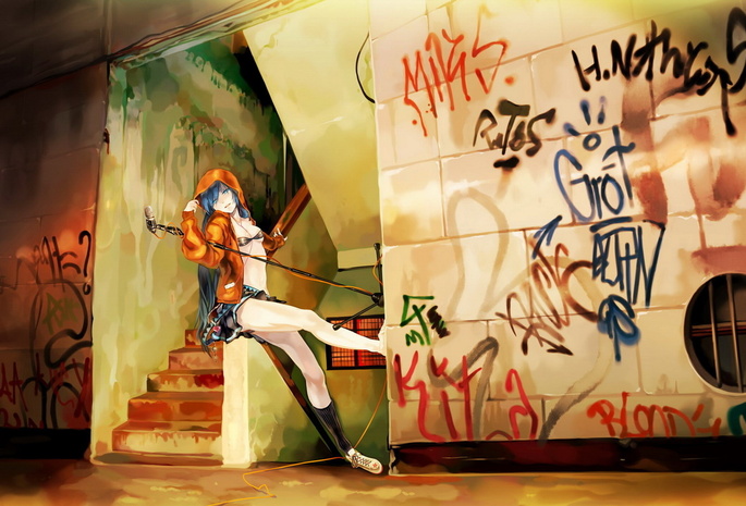 Аниме, мику, стена, вокалоид, микрофон, граффити, музыка