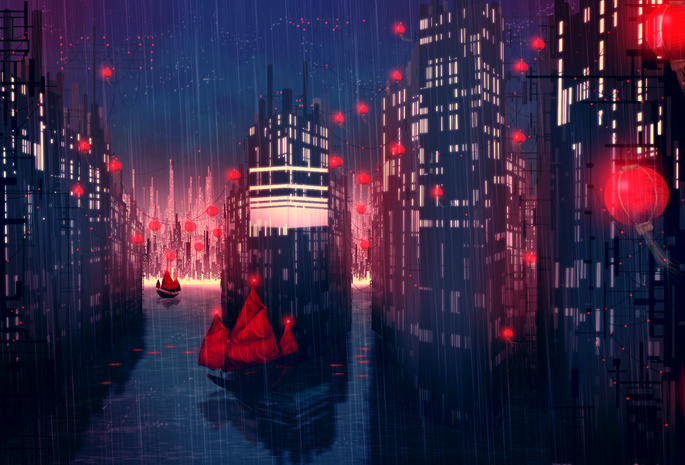 дождь, Redlamp city, ночь, восток, красные, город, проливной