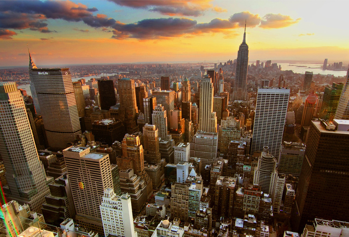 new york city, Город, закат, здания, облака