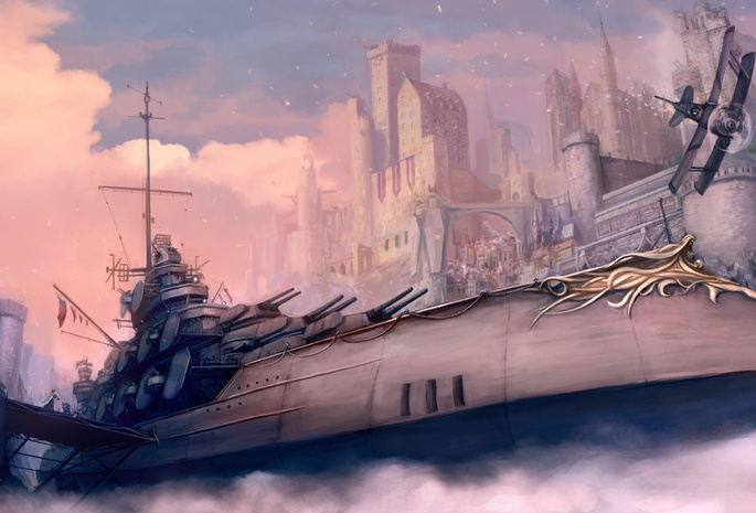 туман, самолет, оружие, Корабль, замок, солдат