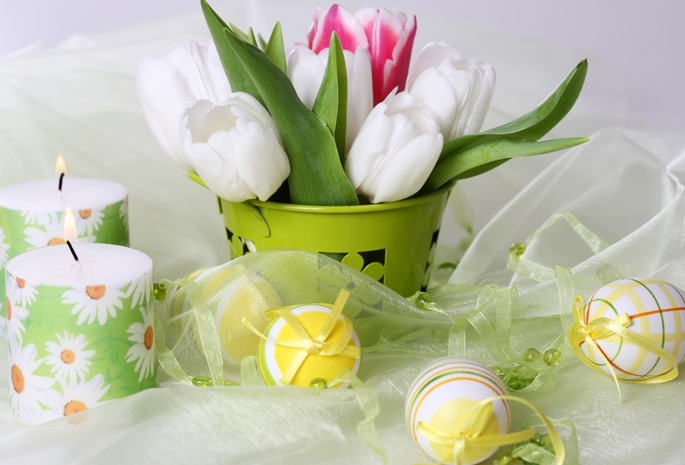 тюльпаны, свечи, пасхальный, яйца, праздник, Цветы