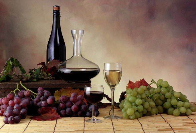 бутылки, вино, Виноград, бокалы, листья