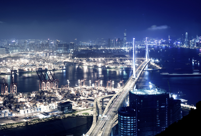 мост, здания, город, огни, ночь, Гонконг