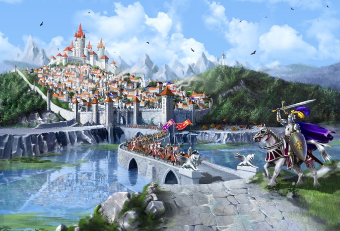fantasy, Cg wallpapers, middle ages, mountains, castle, bridge, marina kecman, wood, lake, city