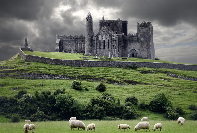 овцы, тучи, Ireland, ирландия, холм, замок