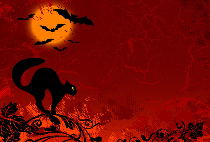 кот, черный, мыши, рисунок, ветка, Хеллоуин, красный фон