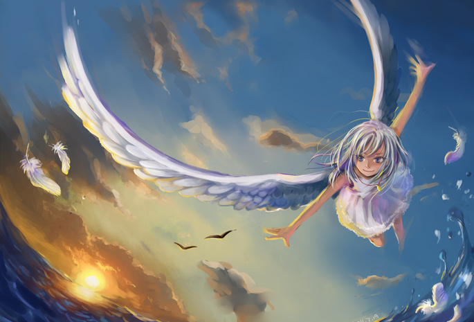 море, ангел, девушка, вода, перья, полет, Marera gatsu, крылья