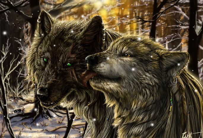Волк, лес, снег, волчица, фантастика