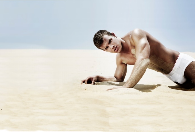 трусы, Мужчины, голый, модель, парень, песок, отжимается