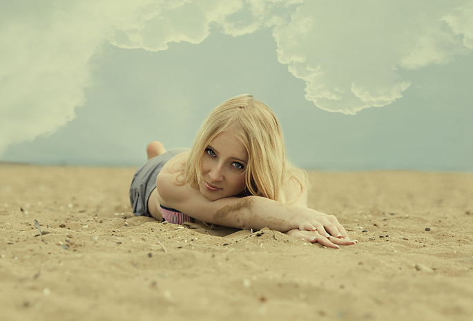 девушка, песок, Пляж