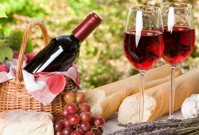 пикник, бокалы, сыр, Вино, хлеб, виноград, франция