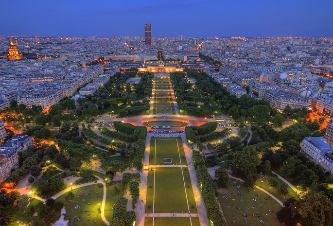 огни, париж, сумерки, франция, Paris, парк, панорама, france