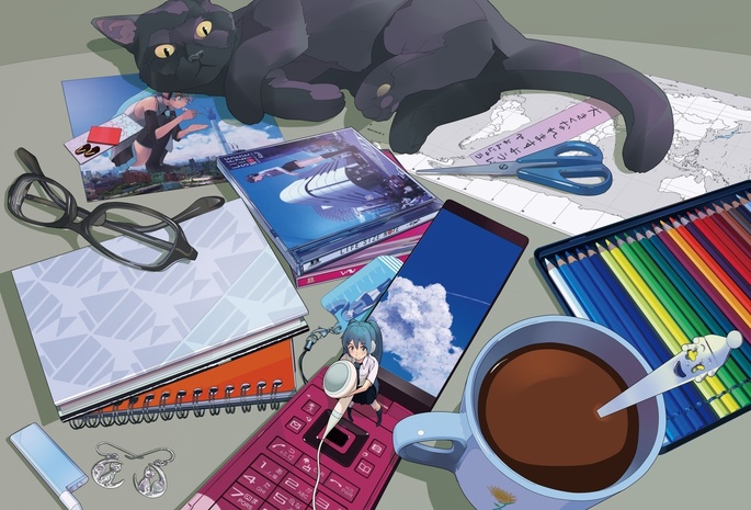 Vocaloid, телефон, мобильник, очки, стол, hatsune miku, наушники