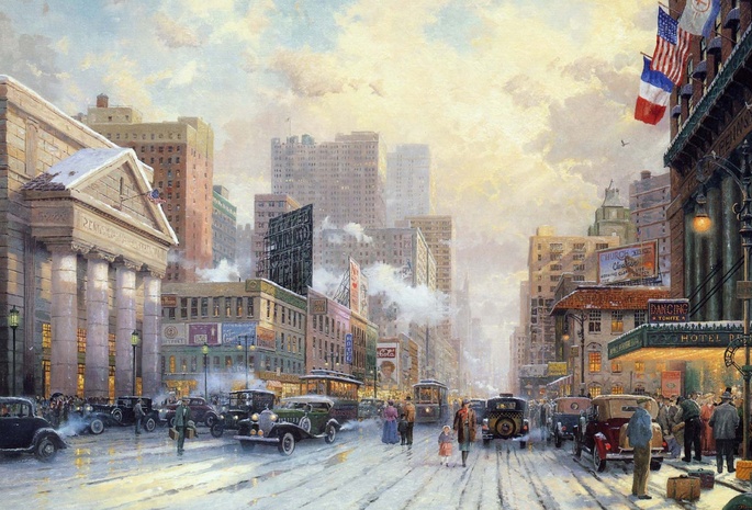 Thomas kinkade, snow on seventh avenue, street, painting, city, new york, 1932, snow, art, winter