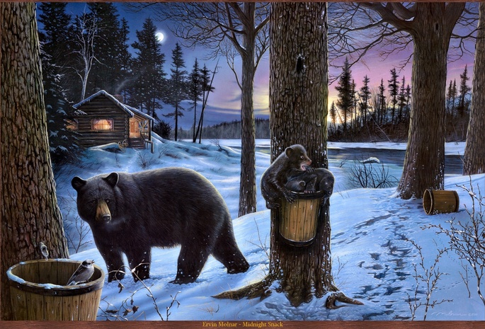 медвежата, медведь, природа, Картина, луна, река, лес