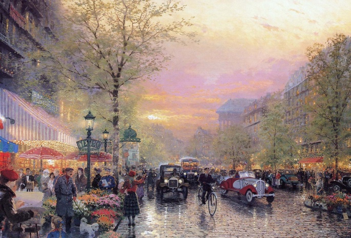 art, Paris, city of lights, le boulevard des lumieres at dusk, france, thomas kinkade, painting