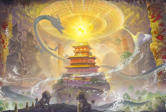 сфера, магия, драконы, храм, статуи, lei sheng, Арт, колонны