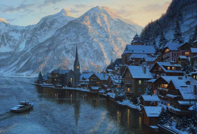 alps, town, austria, lushpin, Eugeny lushpin, painting, mountain, hallstatt, lake, village